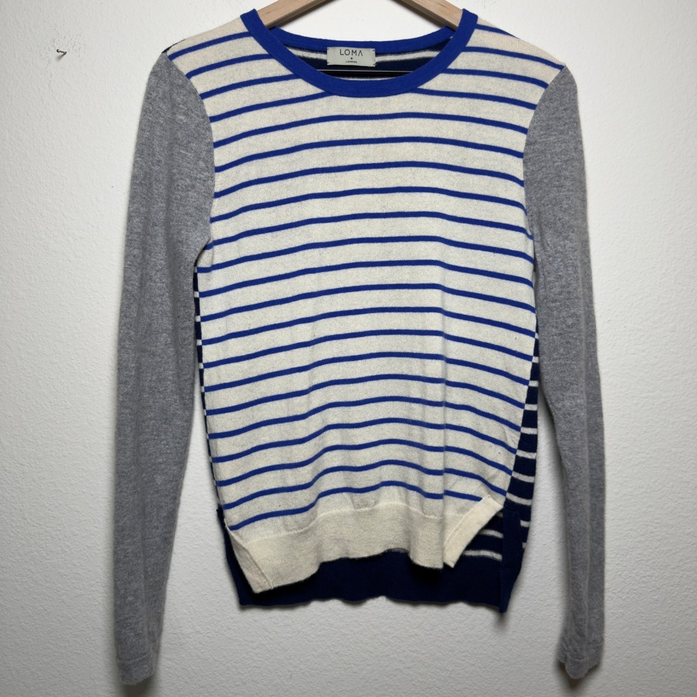 LOMA London Women 100% Cashmere Sweater M Blue White Striped Colorblock Preppy